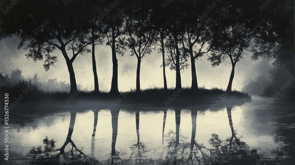 Serene river landscape with silhouettes of trees reflected in the tranquil water Serene river landscape with silhouettes of trees reflected in the tranquil water