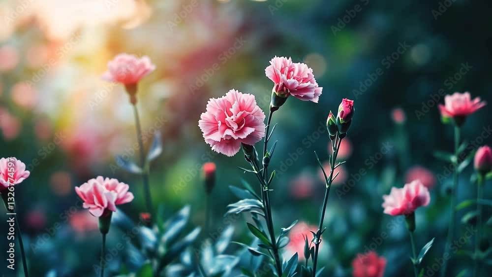 Enchanting little pink flowers carnations in sunlit garden with lush greenery Enchanting little pink flowers carnations in sunlit garden with lush greenery