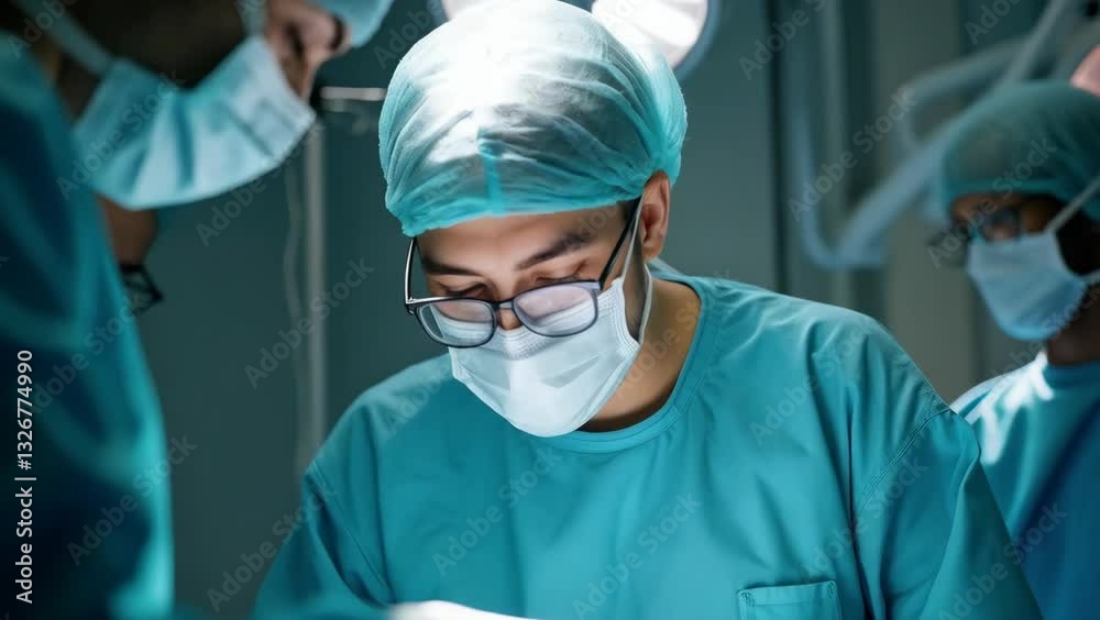 Focused surgeon performing an operation in a dimly lit operating room, wearing protective mask, goggles, and surgical cap Focused surgeon performing an operation in a dimly lit operating room, wearing protective mask, goggles, and surgical cap