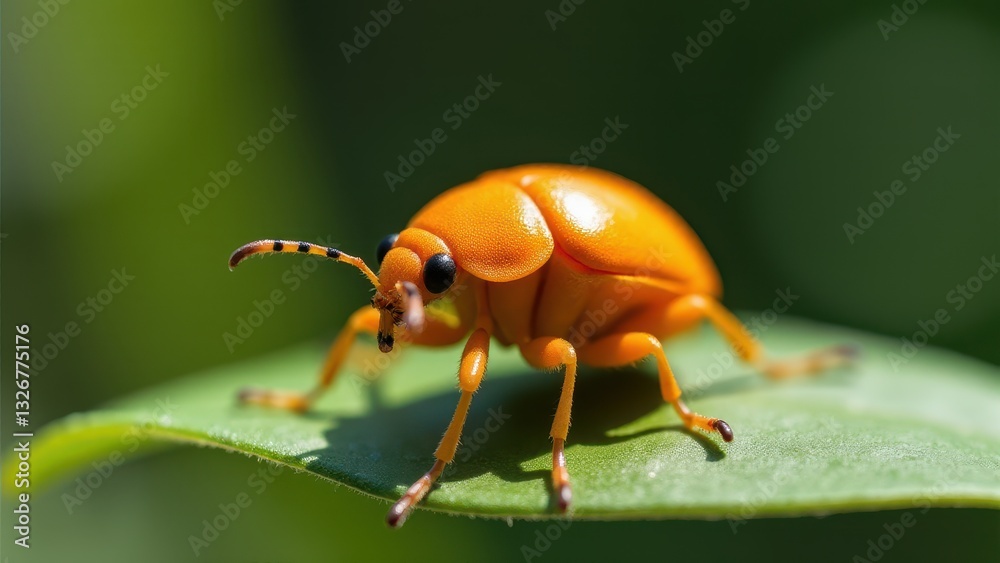 Naklejka premium A small orange bug with black eyes and striped antennae is perched on a green leaf.