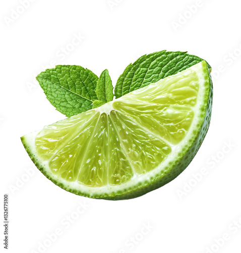 Fresh green lime quarter slice with attached mint leaves, showing the juicy citrus flesh and green rind isolated on a transparent background