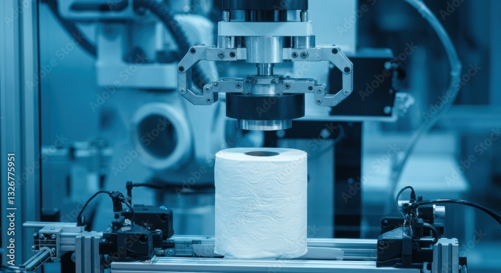Industrial robot handling toilet paper in manufacturing facility Industrial robot handling toilet paper in manufacturing facility