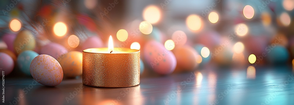 Beautifully Lit Candle Surrounded by Colorful Easter Eggs and Soft Glowing Lights for a Warm and Festive Atmosphere in Spring Celebrations