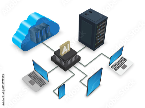 Cloud computing concept. Global networking. Artificial intelligence microprocessor unit.