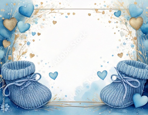 background for baby shower or birth announcement new baby card, border pattern with hearts and teddy bear booties babies