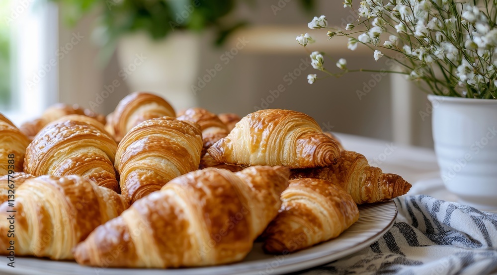 Fresh Croissants in a Warm and Minimalist Living Room Environment with Beige and White Colors Fresh Croissants in a Warm and Minimalist Living Room Environment with Beige and White Colors