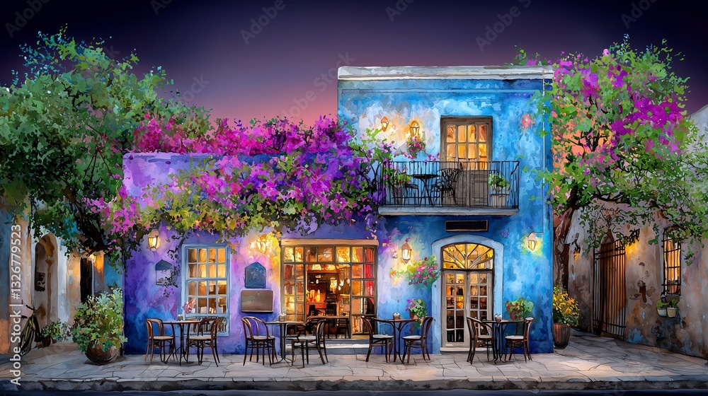 Fototapeta premium Colorful building adorned with flowers and outdoor seating at dusk.