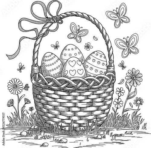 easter basket with eggs and flowers