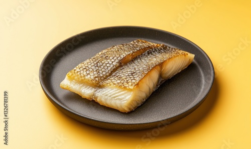 Delicious trrfisk dried cod presented on a charcoal gray plate with a muted golden yellow background