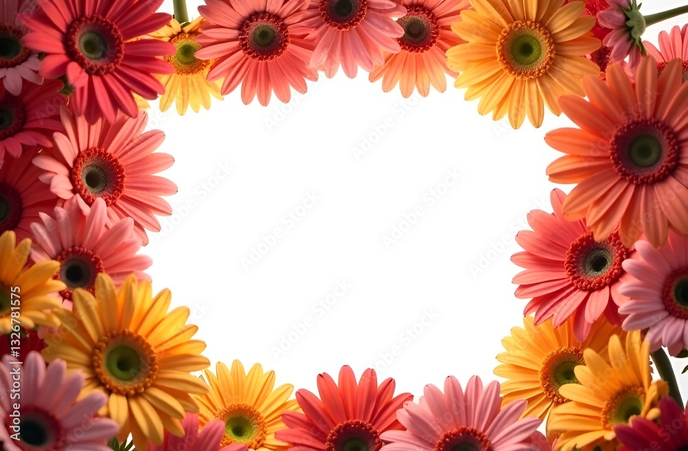 Pink and orange gerbers lie along the contour of the picture on a white empty background with a place for the text in the middle. International Women's Day. Mother's Day. Valentine's Day Pink and orange gerbers lie along the contour of the picture on a white empty background with a place for the text in the middle. International Women's Day. Mother's Day. Valentine's Day