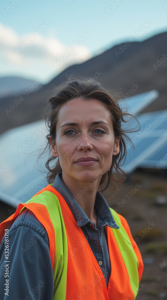 Contemplative Engineer Against Solar Backdrop – An Extreme Close-Up Portrait of a Woman Engineer in Her Environment Contemplative Engineer Against Solar Backdrop – An Extreme Close-Up Portrait of a Woman Engineer in Her Environment