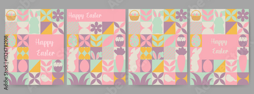 Easter flyers, banners. Easter items in simple geometric shapes, geometry minimalistic style for card, invitation, poster, flyer, web design