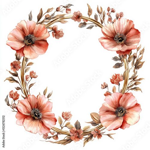 A flowery wreath with a gold frame. The flowers are pink and the frame is gold