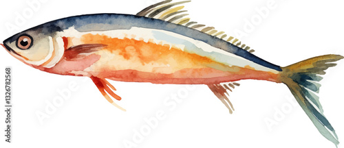 Watercolor painted fish. Hand drawn fresh seafood design element isolated on white background.