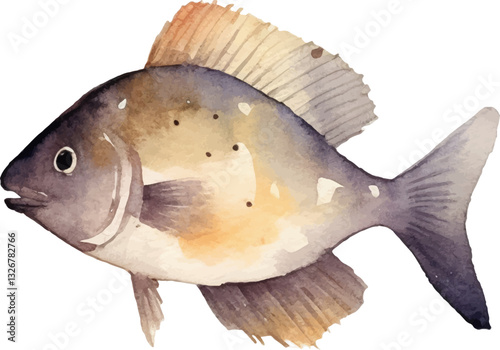 Watercolor painted fish. Hand drawn fresh seafood design element isolated on white background.