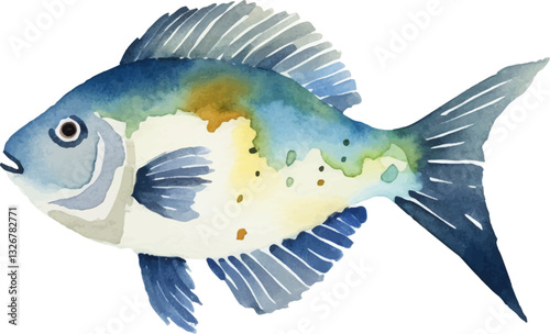 Watercolor painted fish. Hand drawn fresh seafood design element isolated on white background.