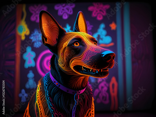 Black light poster with vibrant glowing colors of a drawing of a dog puppet