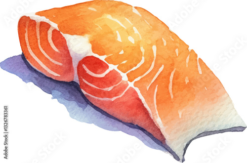 Watercolor painted salmon fillet. Hand drawn fresh seafood design element isolated on white background.