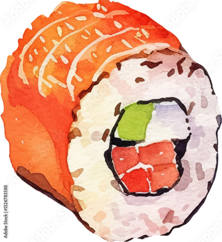 Watercolor painted sushi. Hand drawn fresh seafood design element isolated on white background.