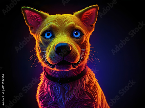 Black light poster with vibrant glowing colors of a drawing of a dog puppet