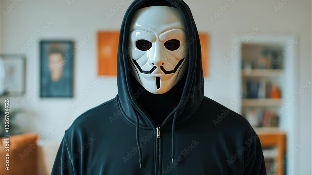 Mysterious figure in dark hoodie and mask evokes intrigue at home, blending anonymity with cozy indoor atmosphere.