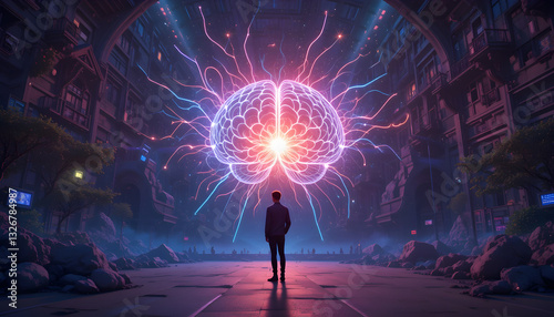 Mind Power: Neon Cityscape Brain Art