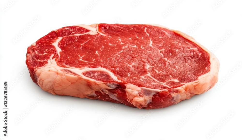 Raw beef steak on white background. Red meat, marbling visible. Studio shot, close up. Raw beef steak on white background. Red meat, marbling visible. Studio shot, close up.
