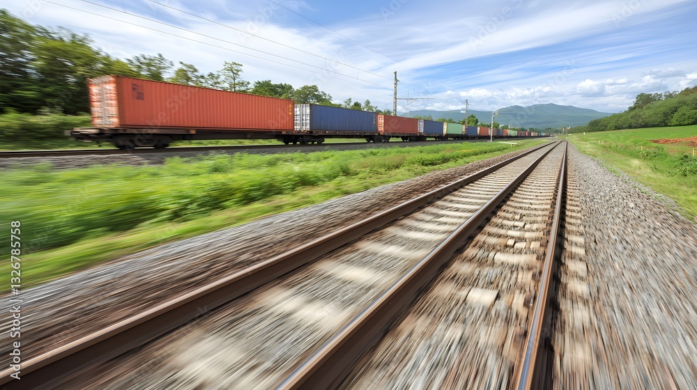 Fototapeta premium Freight Train Passing Through Lush Green Landscape with Blue Sky and Clouds in the Background
