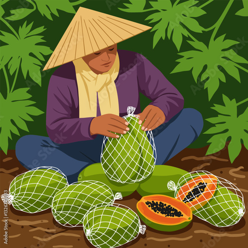 Farmer Packing Papaya Fruits in Protective Netting Illustration