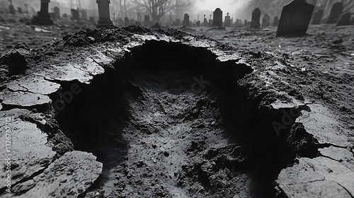 Empty grave in a cemetery at foggy dawn. Possible stock use