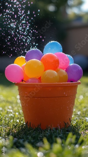 Colorful water balloons in an orange bucket with splashing water in the sunlight.