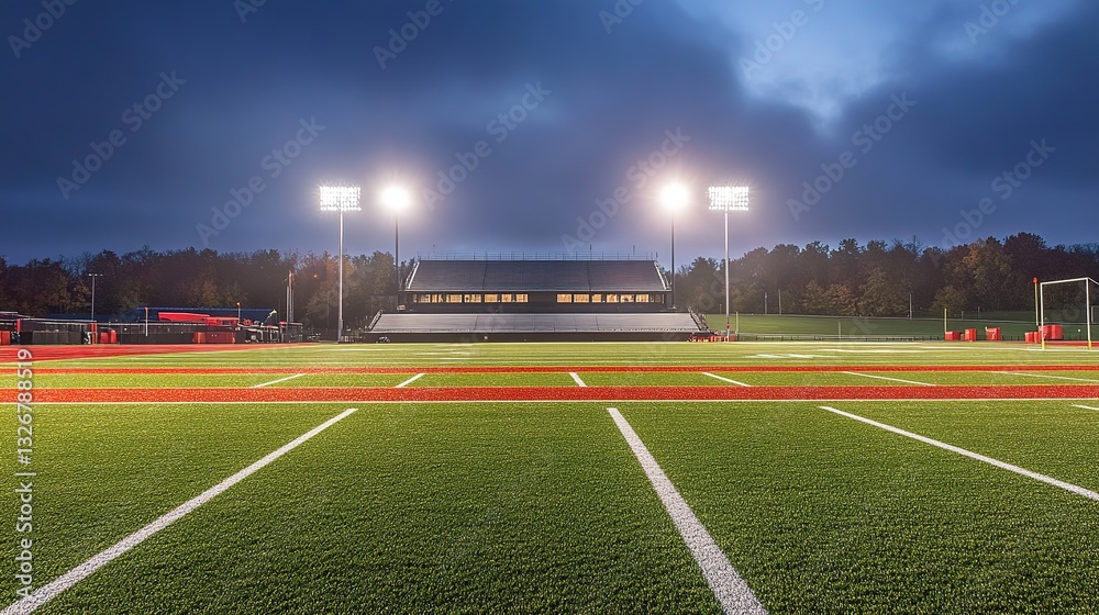 Obraz premium Nighttime football stadium view from the field, glowing lights, blurred background, capturing the essence of sports energy. 