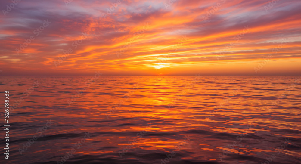 Fototapeta premium A stunning sunset over the ocean, with warm orange and pink hues reflecting on the water.
