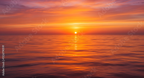 A stunning sunset over the ocean, with warm orange and pink hues reflecting on the water.