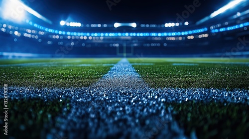 Nighttime football stadium view from the field, glowing lights, blurred background, capturing the essence of sports energy.

