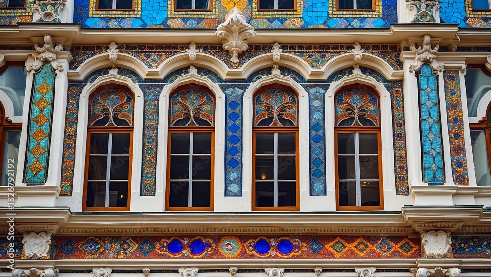 Fototapeta premium Colorful mosaic window patterns on ornate facade