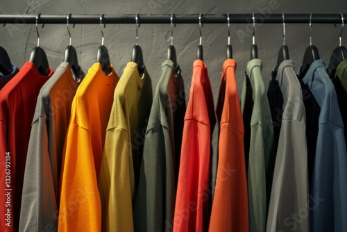 A vibrant display of various t-shirts hanging on a rack, showcasing different colors and styles