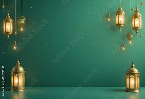 Ramadan Kareem: Golden Lanterns & Green Background