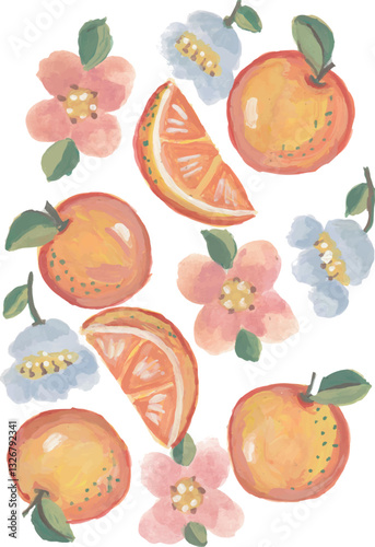 Orange flower hand drawn watercolor pattern	