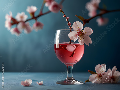 high resolution, real photo, a wine glass, clear pink drink, decorated with a long branch of cherry blossoms in a wine glass, a white straw, a few fallen cherry blossom petals, blue color background