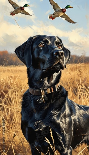 drawing of a cute black labrador in the field