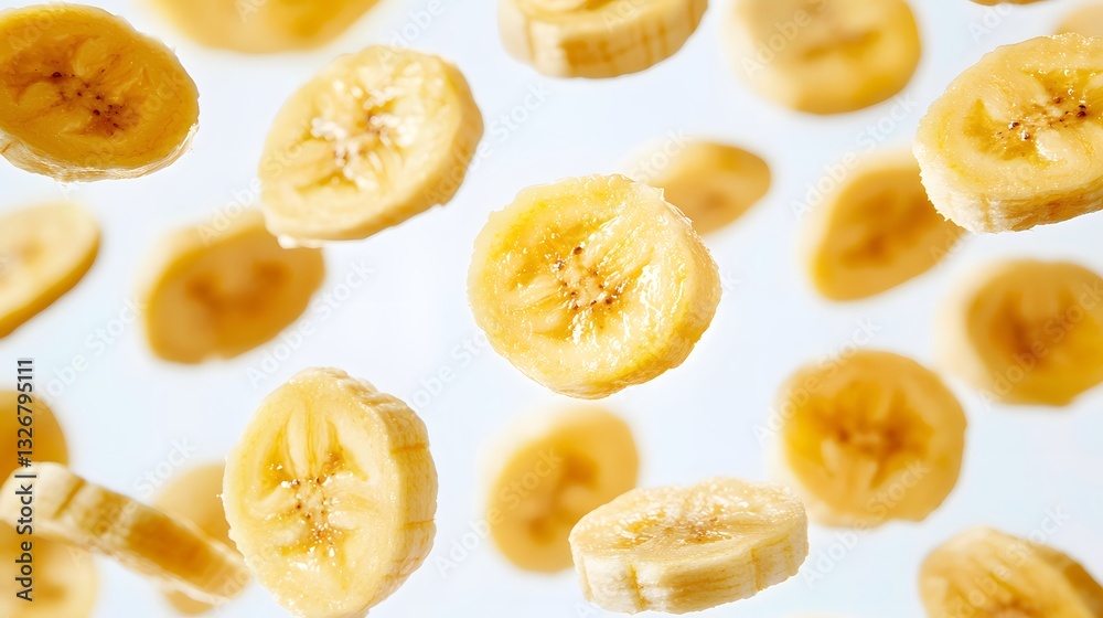 Sliced Bananas Falling Against a Light Background Creating a Fresh and Healthy Atmosphere Sliced Bananas Falling Against a Light Background Creating a Fresh and Healthy Atmosphere