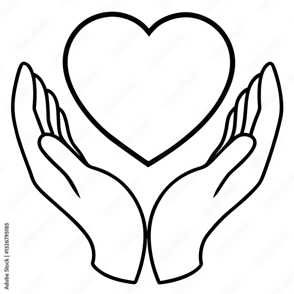 heart in hands symbolizing care line art drawing, isolated on white background heart in hands symbolizing care line art drawing, isolated on white background