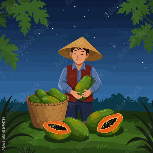 Harvesting Papaya at Night Smiling Farmer Holding Fresh Fruit