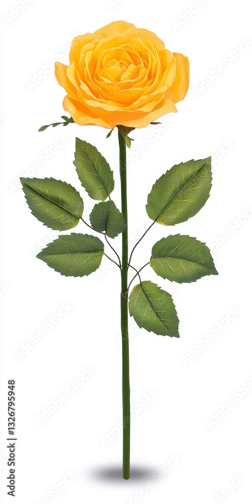 Obraz premium Single yellow rose with green leaves on a white background. The rose is fully bloomed and the leaves are detailed.