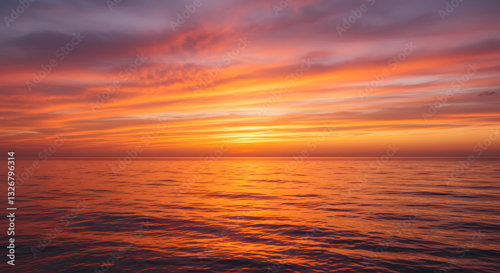 Fototapeta premium A stunning sunset over the ocean, with warm orange and pink hues reflecting on the water.