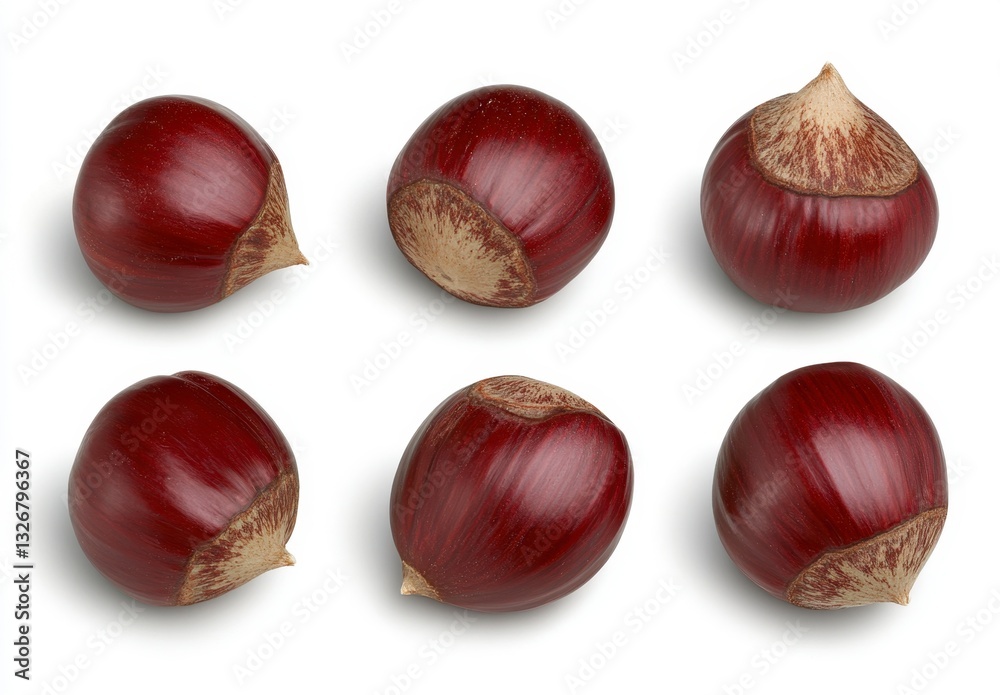 Six dark red chestnuts arranged in two rows on a white background. Each chestnut shows slight variations in texture and shell markings. High key lighting. Six dark red chestnuts arranged in two rows on a white background. Each chestnut shows slight variations in texture and shell markings. High key lighting.