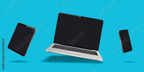 Laptop computer, cellphone and tablet mockup with blank screens. Digital devices levitation on blue background.