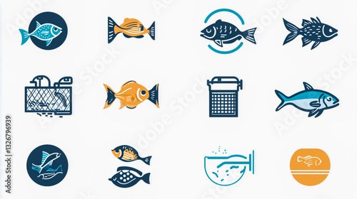 Set of fish farming icons with editable stroke, featuring a color palette photo