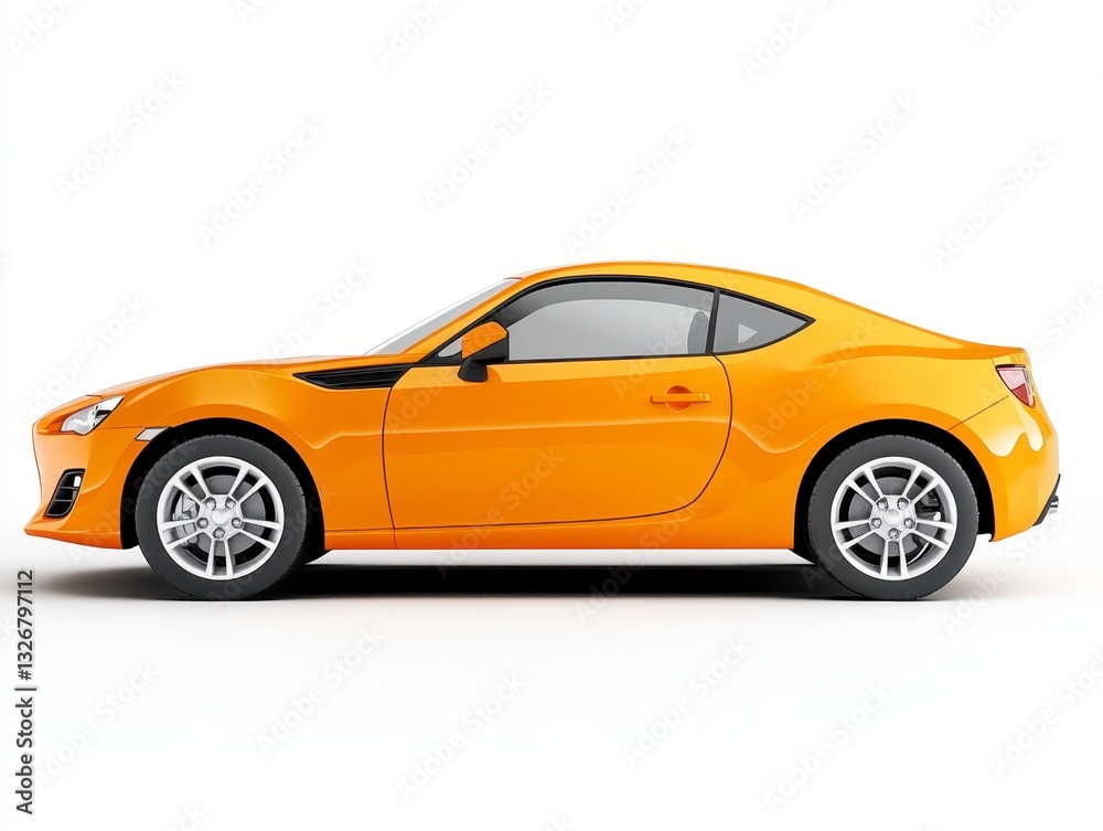 Profile view of a vibrant orange sports coupe against a stark white background. The car is sharply detailed, showcasing its sleek design and modern features. Profile view of a vibrant orange sports coupe against a stark white background. The car is sharply detailed, showcasing its sleek design and modern features.